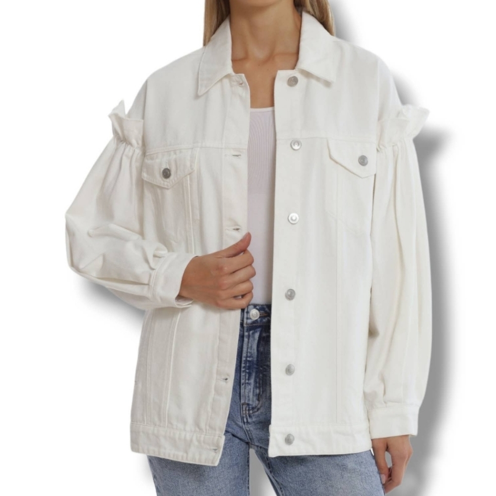 Avec Les Filles Ruffle Sleeve Oversized White Denim Jacket NWT